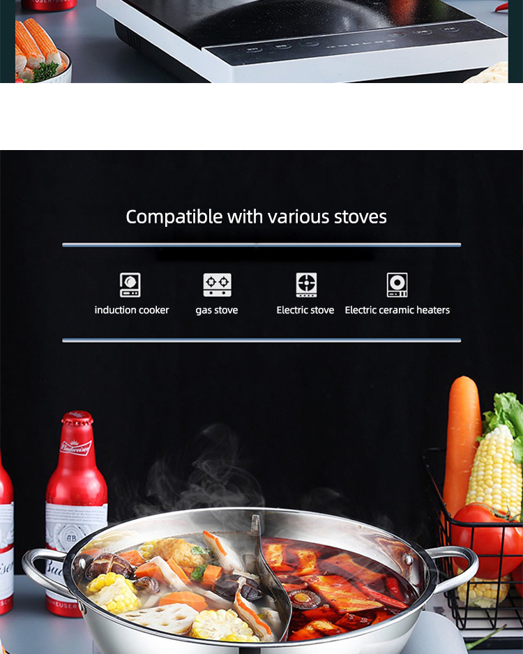 New Design Silver Kitchen Stock Pot Stainless Steel Shabu Shabu Induction Hot Pot With SS Double Ear Handles