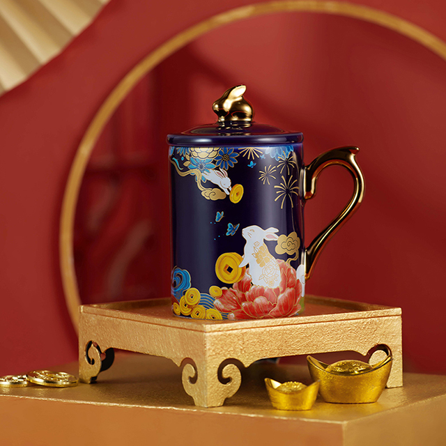 Ready To Ship In Stock Custom 3d Ceramic Mug 3d Blue Mug With Gold Handle Home Tea Holiday Gift