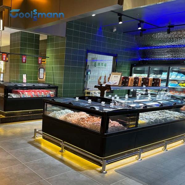 Food Supermarket Island Freezer 1050L Automatic Defrost Sliding Flat Glass