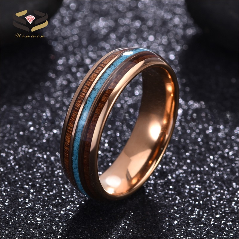 Third Party Appraisal 8mm Dome Polished Rose Gold Mens Tungsten Ring Turquoise Wood Inlay Wedding Bands Certificate Type