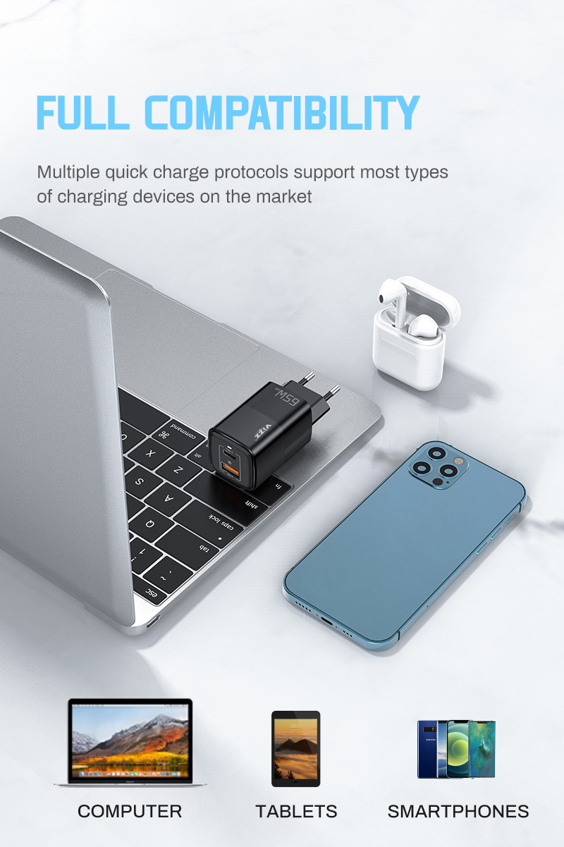 Universal 65W GaN PD Wall Charger Mini PD QC Fast Charging EU Plus Gallium Nitride Charger