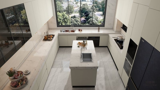 Off-White Stainless Steel U-Shaped Kitchen Cabinet With Seamlessly Integrated Design