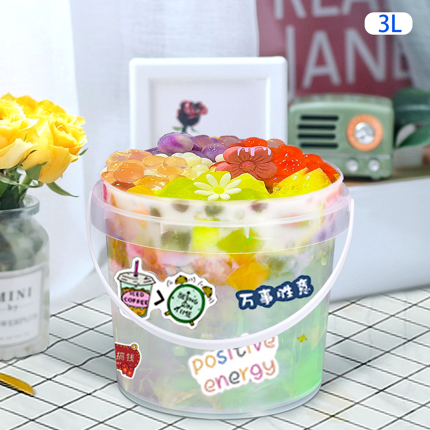 Water Bucket 500ml 1L 2L Plastic Pail With Lid For Water Yogurt Cookie Food Storage