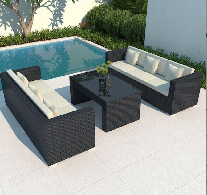 Luxury Modern Patio Garden Furniture Black Rattan Outdoor Sofa Coffee Table Set Steel Rattan Chair Outdoor Furniture