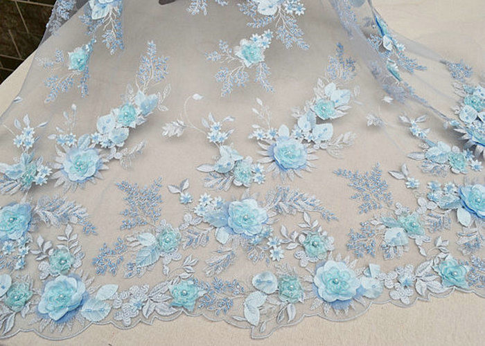 Embroidery 3D Floral Wedding Dress Lace Fabric By The Yard With Beads Light Blue