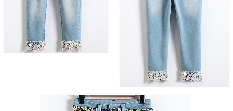Light Blue Slim Fit Girls Adjustable Waist Jeans Pant With Lace On Hem