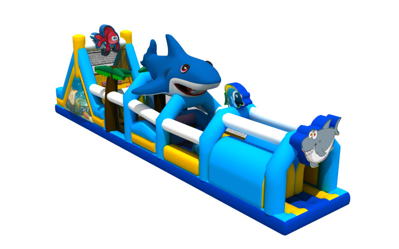 Ocean Theme Shark Fish Cartoon Inflatable Obstacle Courses Inflatable Bouncer Slide Playground For Outdoor