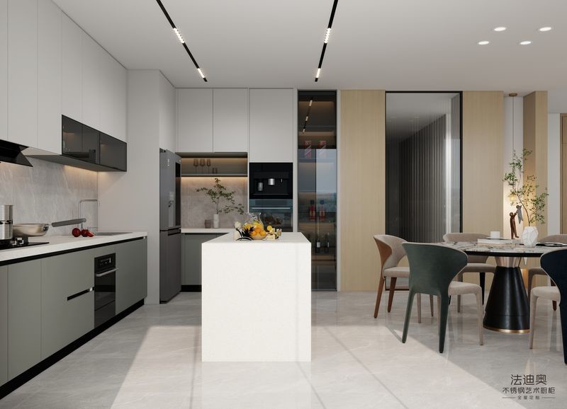 L-Shaped Layout Modern Stainless Steel Kitchen Cabinets With Functional Quartz Island