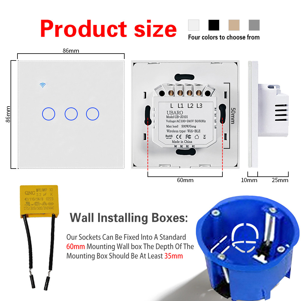 Tuya 3gang Wall Mounted Smart Wi Fi Switch Grey Type 86 European Standard With Google Assistant Amazon Alexa Alice Voice