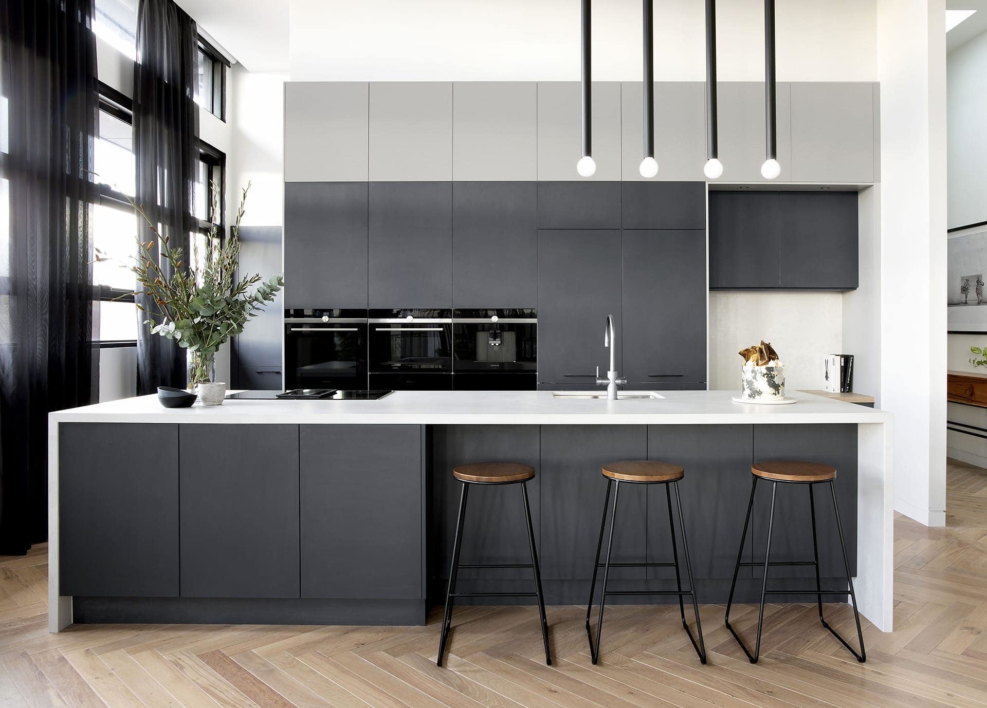 Modern Modular Kitchen cabinet in plywood with melamine finish with nuomi basket