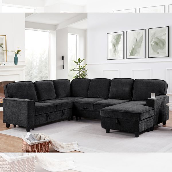 Quality U-Shaped Sectional Sleeper Sofa with Pull Out Bed and Storage Chaise Lounge and Storage Loveseat and USB Charging Port, Charcoal Black Chenille for sale