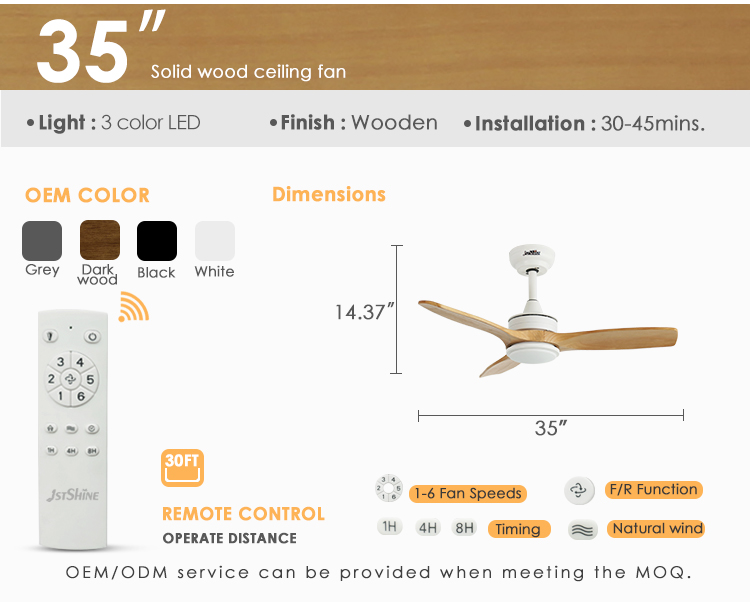 Small Space 35 Inch Solid Wood Blades Ceiling Fan with LED Light Motor DC Pure Copper