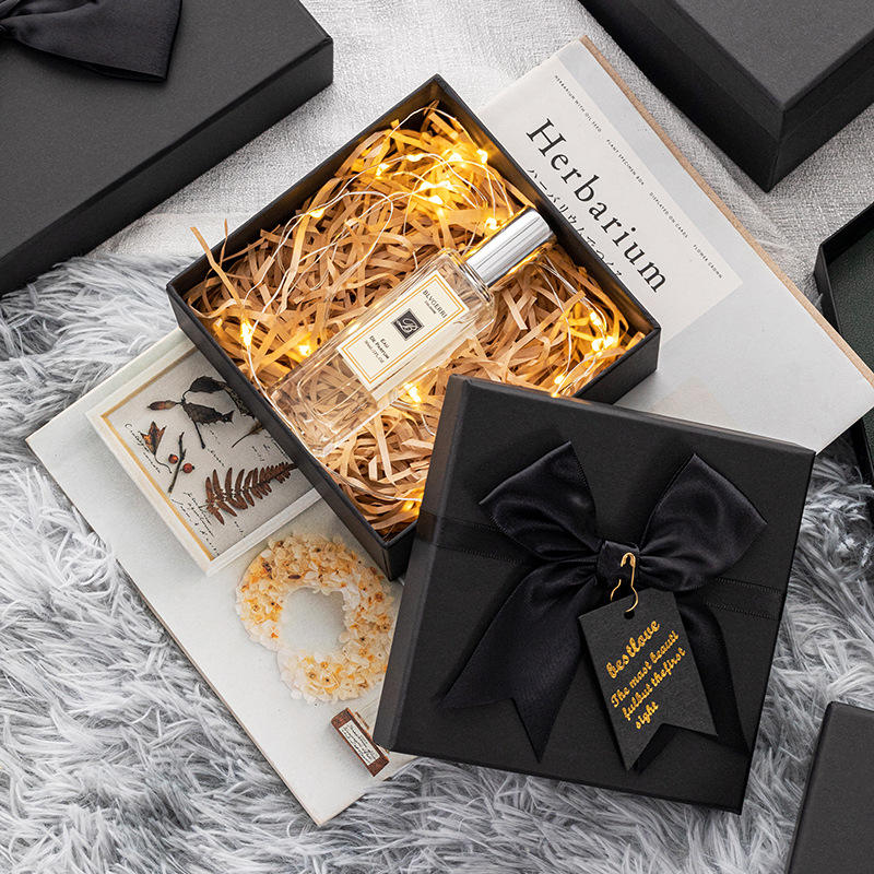 Custom Cosmetic Perfume Bottle Gift Box With Black Bow Ribbon Lid And Base Packaging