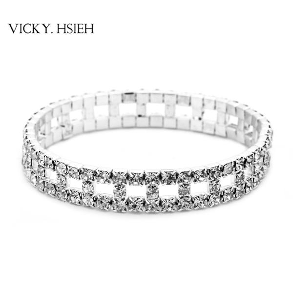 VICKY.HSIEH Silver Tone Glamour Crystal Rhinestone Wedding Bridal Social Stretch