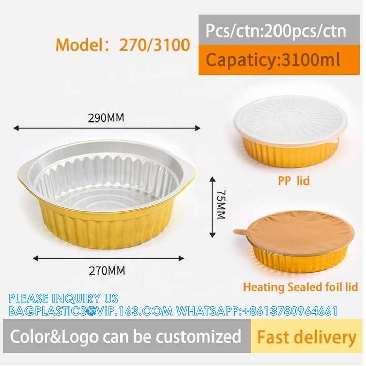 250mm Diameter 2500ml Heatable food pack Preservation Lunch Box Recyclable Takeaway Aluminum Foil Food Container