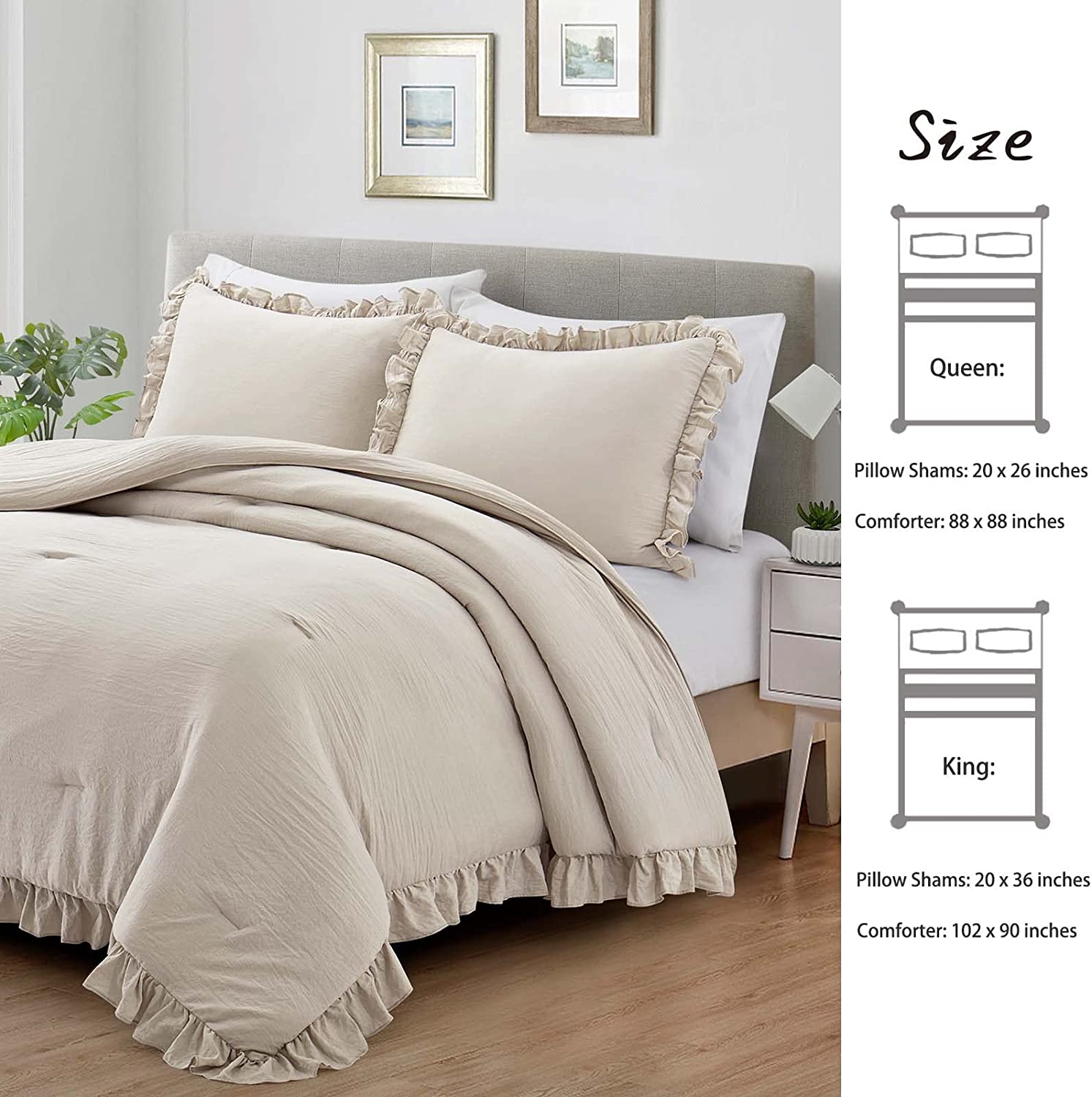 Customized 3 Pieces Queen Comforter Set Farmhouse Bedding Set with Ruffle Bed Design