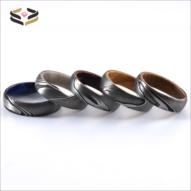 Etched Damascus Wedding Rings 6mm 8mm With Blue Purple Wood Sleeve Inlay