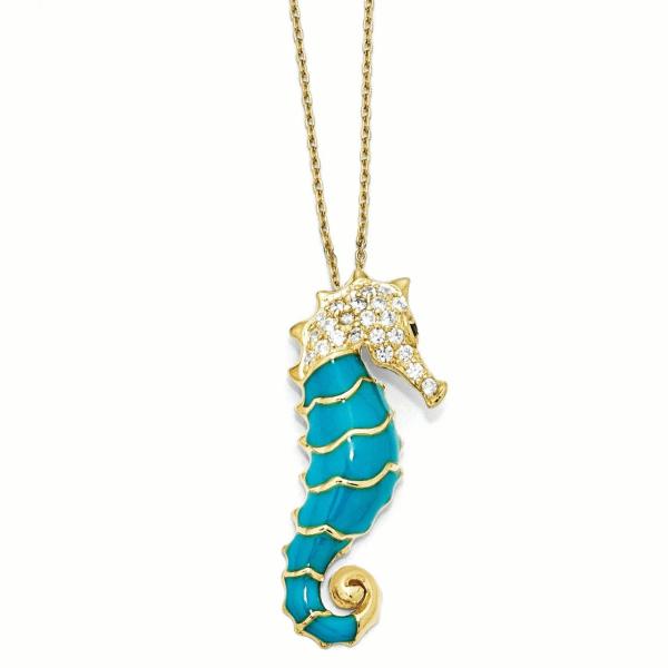 925 Sterling Silver Gold Plated Enameled Cubic Zirconia Cz Seahorse 18 Inch