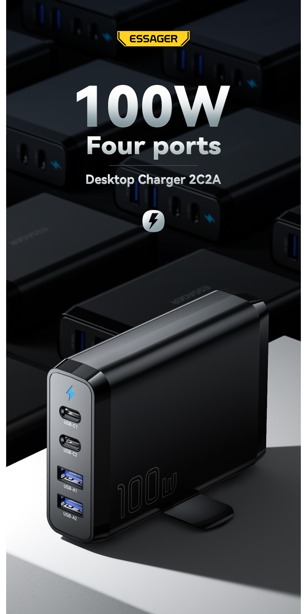 Travel Type C Desktop GaN Phone Charger Quick Charging 100w With Dual USB Ports