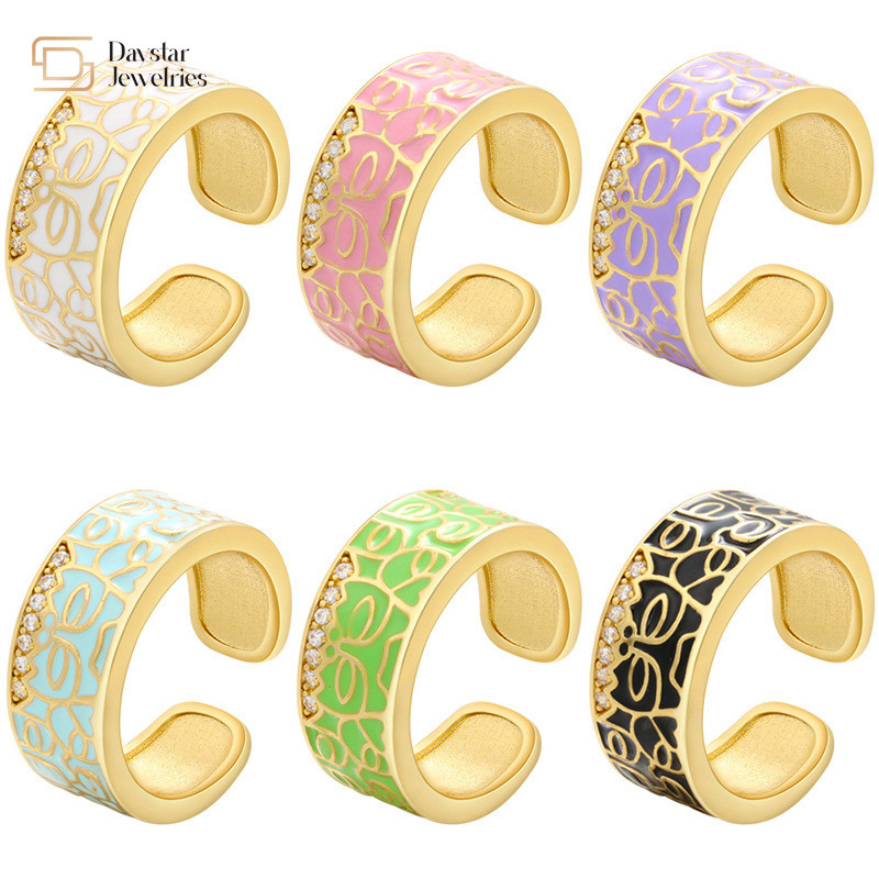 Enamel Gold Plated Adjustable Wide Band Rings , Colorful Dripping Oil Rings
