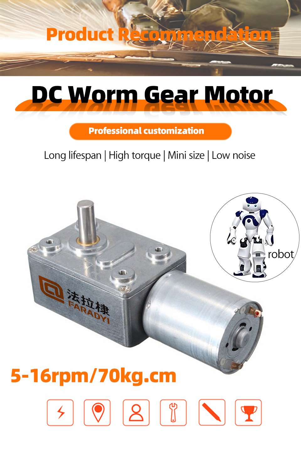 Faradyi Customizable Worm Gear Motor 12V 24V 300rpm High Torque Long Lifespan DC Motor With Encoder