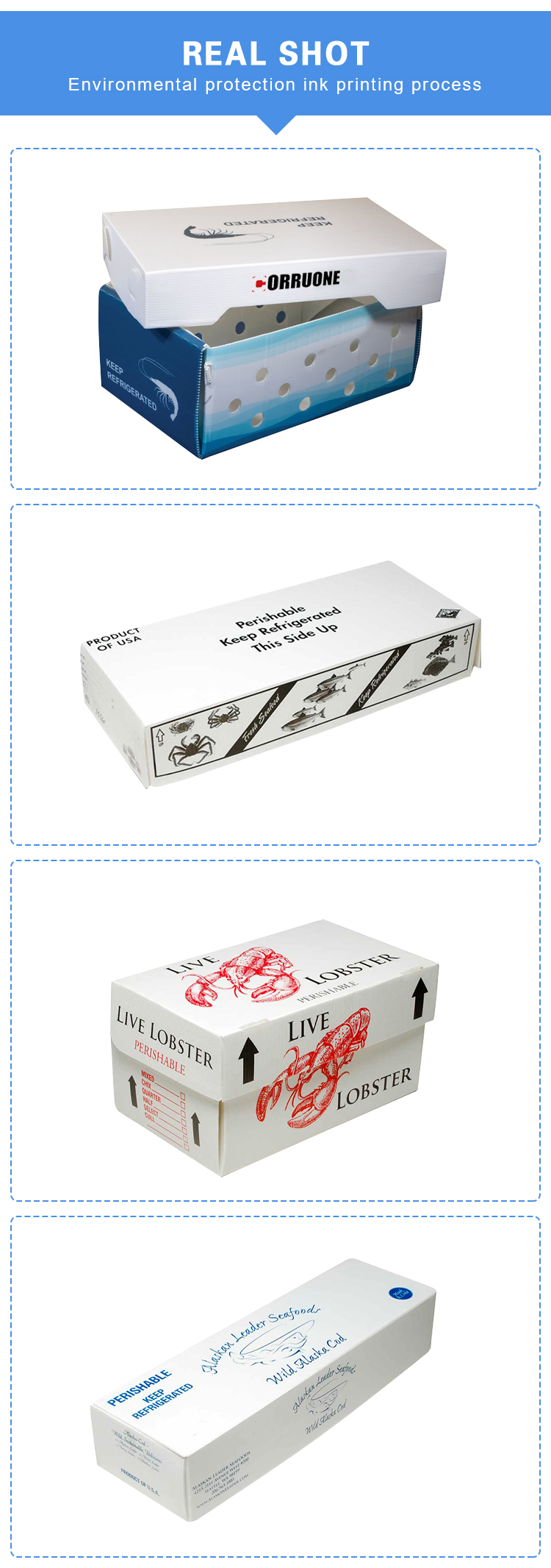 Corruone PP polypropylene 5 KG & 10 KG Custom Waterproof Frozen Meat or Seafood Packaging Boxes Corrugated plastic seafood box