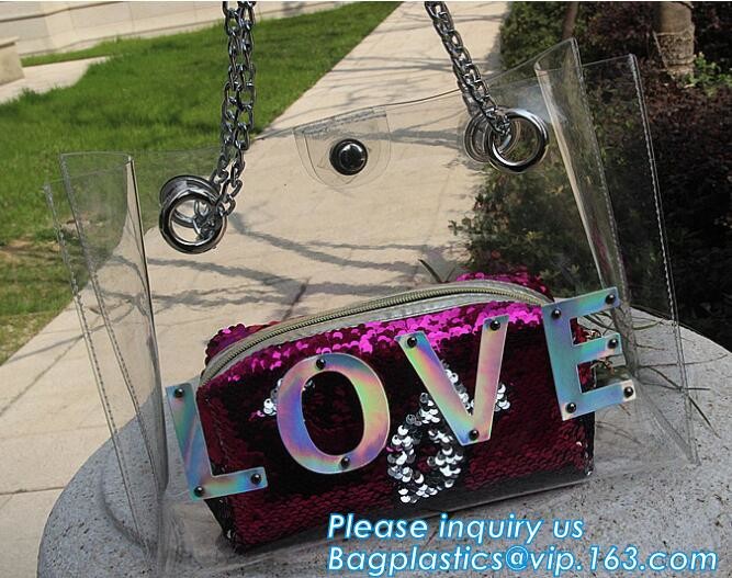 luxury handbag women chain shoulder bag clear PVC plastic tote bag, Tote Bag Clear Shoulder PVC Bag with Zipper, pac, ba