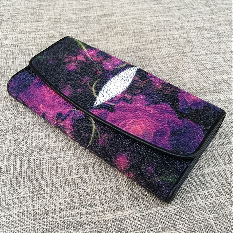 Thailand Authentic Stingray Skin Women's Large Wallet Genuine Leather Female Flower Clutch Purse Lady Card Holder