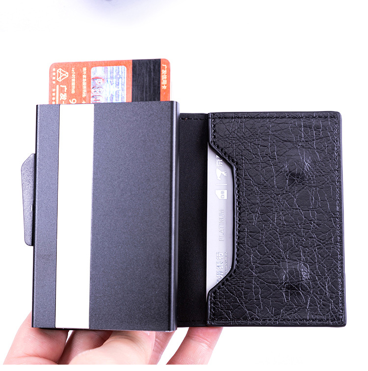 Mens Slim Aluminium Wallet Card Holder Pop-up Cards RFID Blocking Crazy Horse Pattern Case