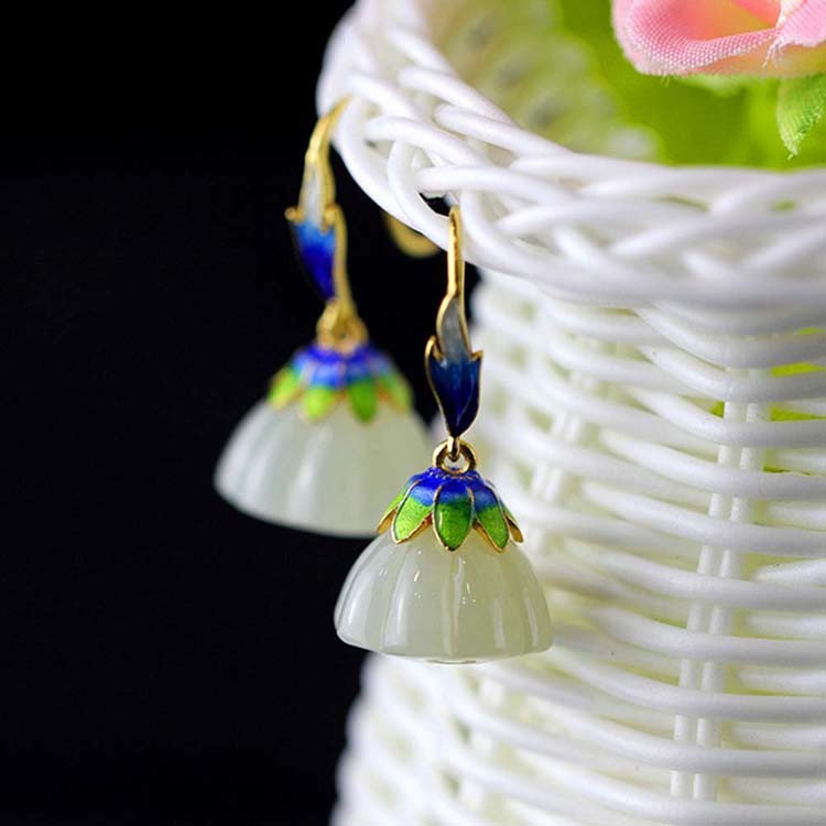 Retro Enamel 925 Silver Natural Hetian Jade Dangel Earrings (E17060201)