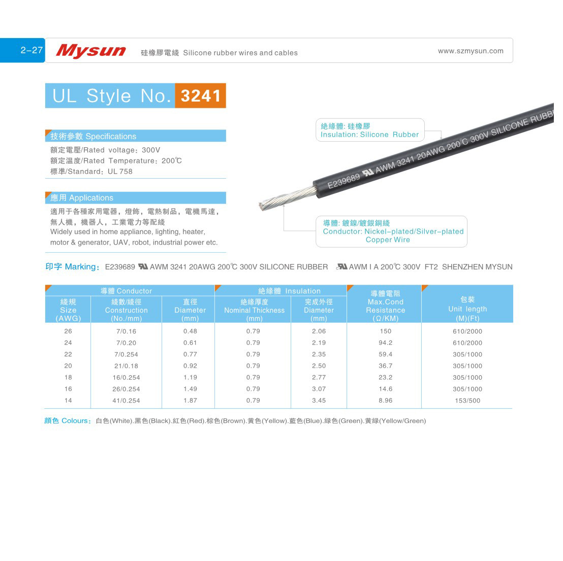 UL3241 300V 200C 14-26AWG Silicone Wires and Cables for Lighting Home Appliance UAV