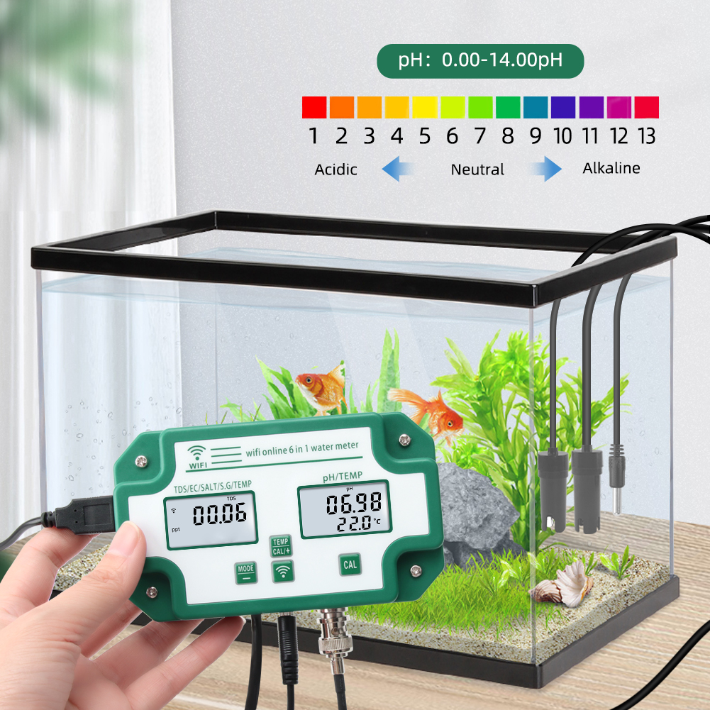 6-in-1 Wifi Water Tester for PH/EC/TDS/SALT/G.S/Temp Meter TUYA APP Online Monitoring