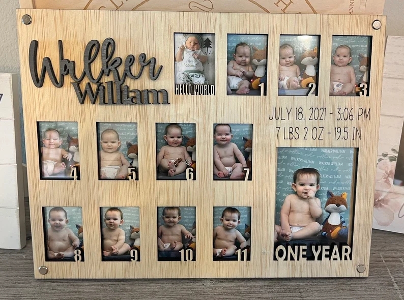 Baby Birth Milestone Block Set One Year Monthly Photo Wooden Frame Newborn Age Blocks