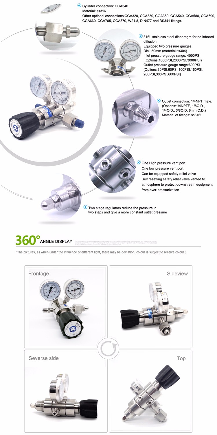 High Pressure Stainless Steel Dual Stage Hydrogen Gas Pressure Regulator