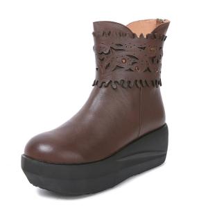 China S032 Autumn and winter new thick-soled wedges leather women boots round head fluffy warm boots Martin boots non-slip cas on sale