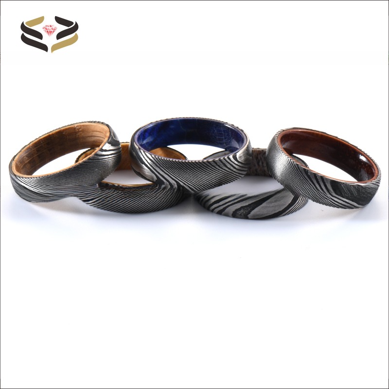 Etched Damascus Wedding Rings 6mm 8mm With Blue Purple Wood Sleeve Inlay
