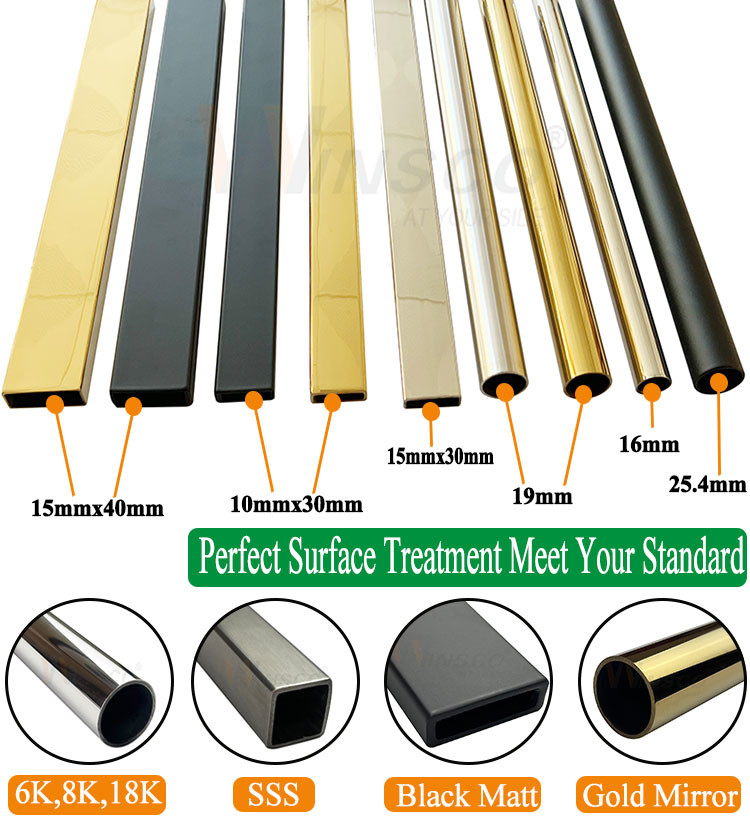 SUS 304 8K Mirror Surface PVD Color Inox Rectangular Tube 30mmx10mm Size 1.2mm 1.5mm Thick Stainless Steel Bathroom Pipe