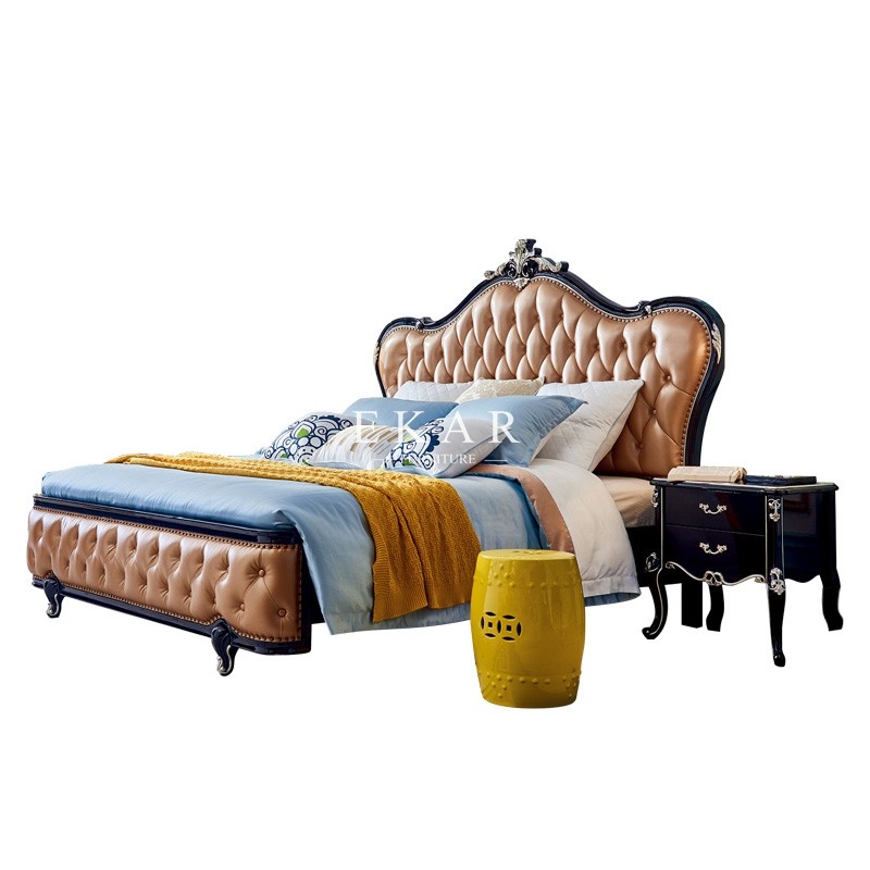 Wooden Carved Design Royal Leather Solid Wood Bed
