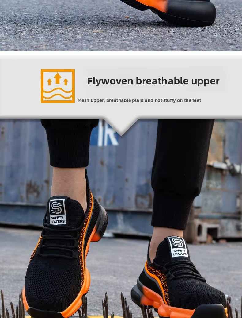 Black Comfortable Kevlar Mid Sole Anti-stab Work Shoes With Steel Toe Breathable Flying Knit