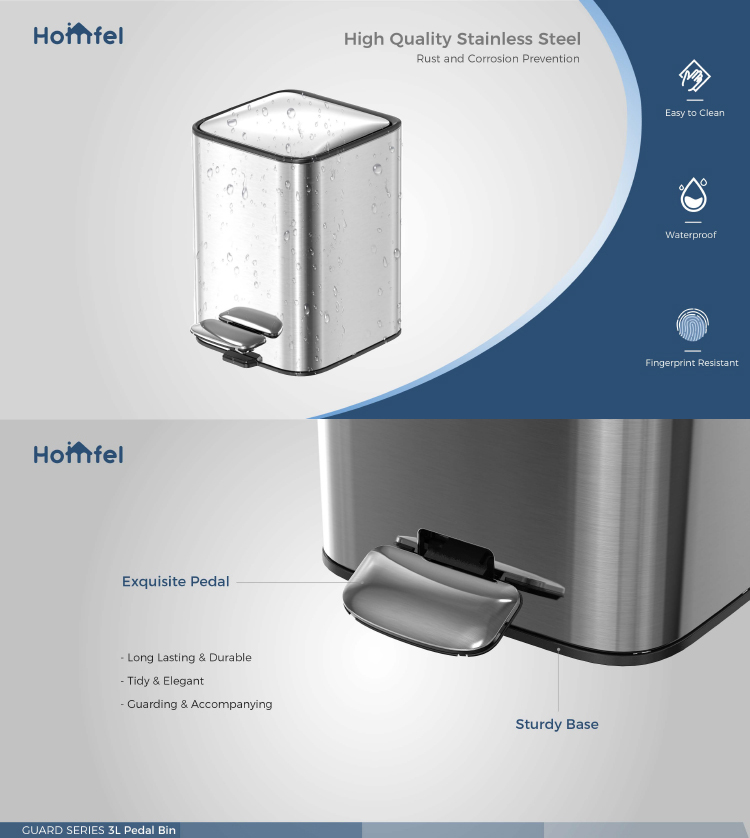 18L Stainless Steel Soft Close Square Pedal Trash Bin for Living Room and Office Foot Pedal Structure