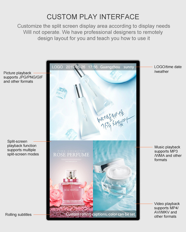 43 49 55 Inch Vertical Restaurant Shopping Mall Wall Mount LCD Display