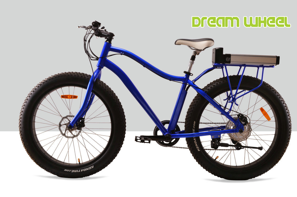 Blue Electric Fat Tire Beach Cruiser Bikes Shimano 6 Speed Snow Road