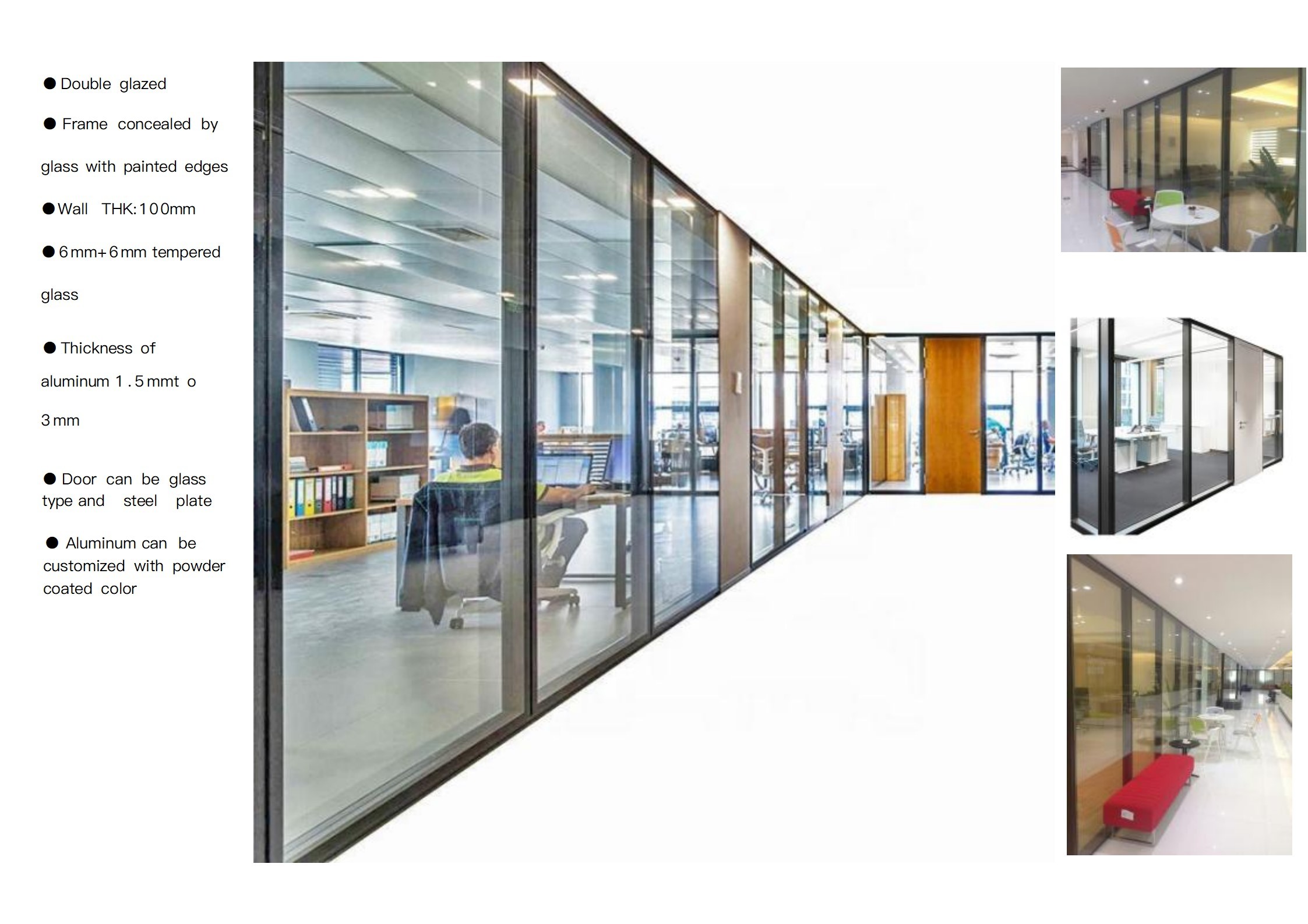 Dividers Aluminium Frame Sliding Double Glazed Office Glass Partition Wall
