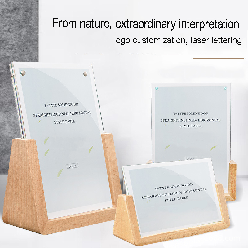 Solid Wood Based Acrylic Sign Holder Menu Display Stand For Advertising Cards