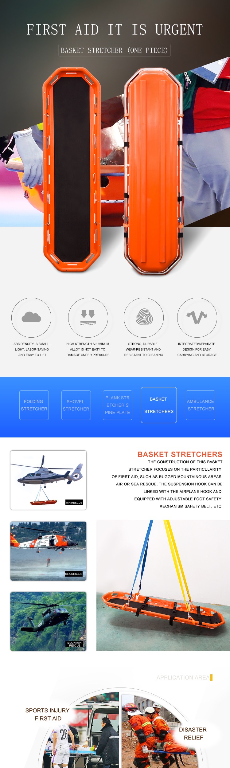 Manual First Aid Aircraft Rescue PE Basket Stretcher for Emergency CE Certificate