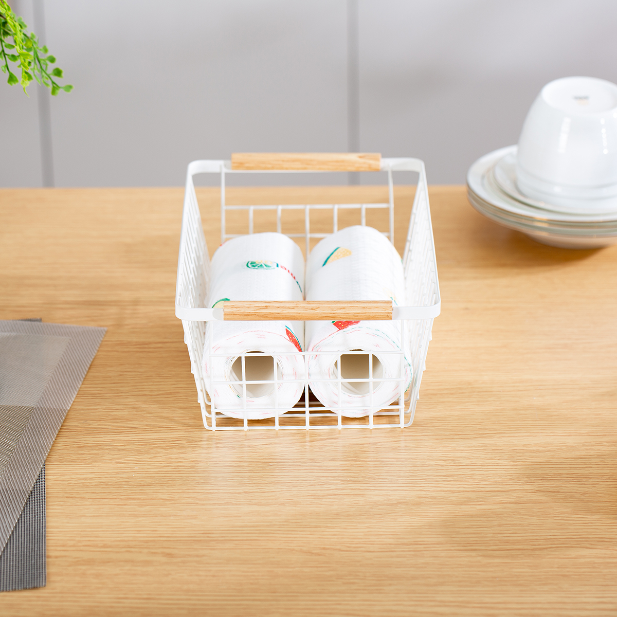 Metal Living Room Organizer White Table Wire Mesh Storage Baskets