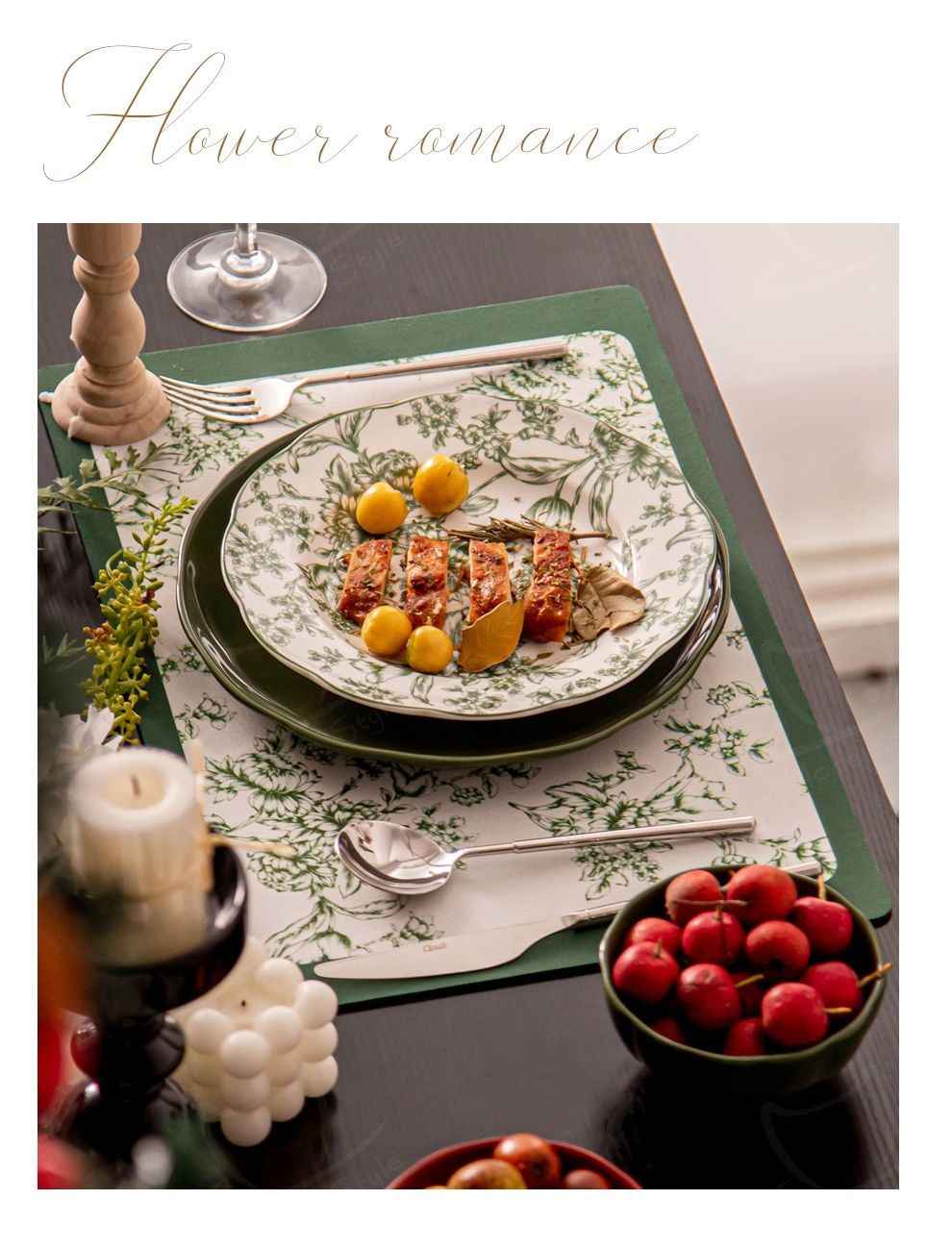 Sustainable Dinnerware Sets For 4 People Anti-Slip Placemat Included Floral Plant Green