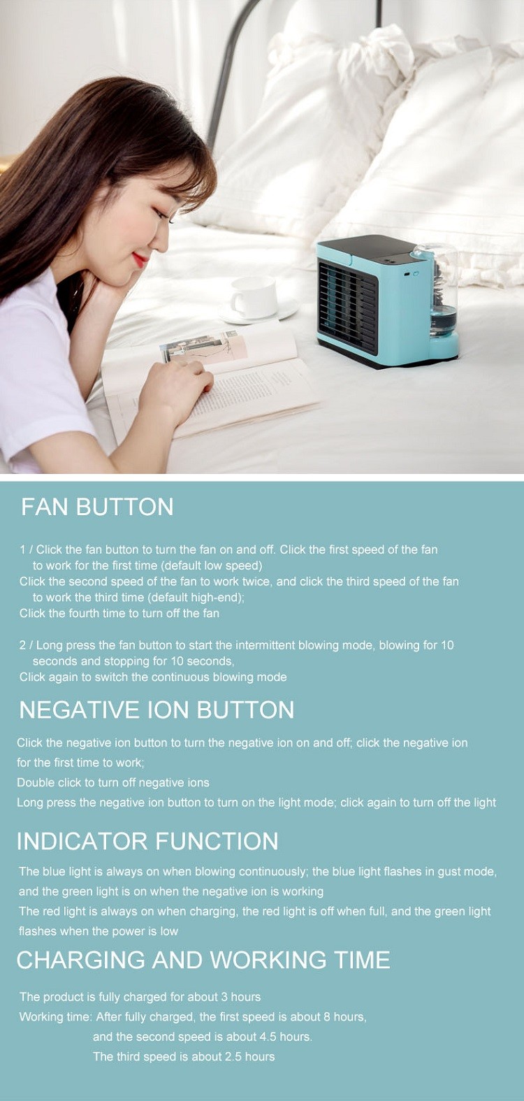 Desk Cooling Mist Fan With LED Light Sprays 3 Wind Speeds Modes For Office Home
