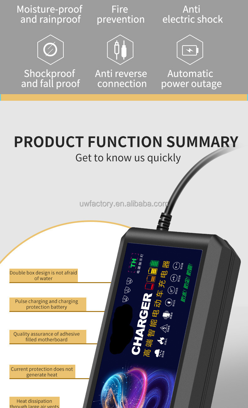 2025 Smart Electric Motorcycle 48V20AH Lead Acid Battery Charger with 93% Charging Efficiency and 12V/1.5A Output