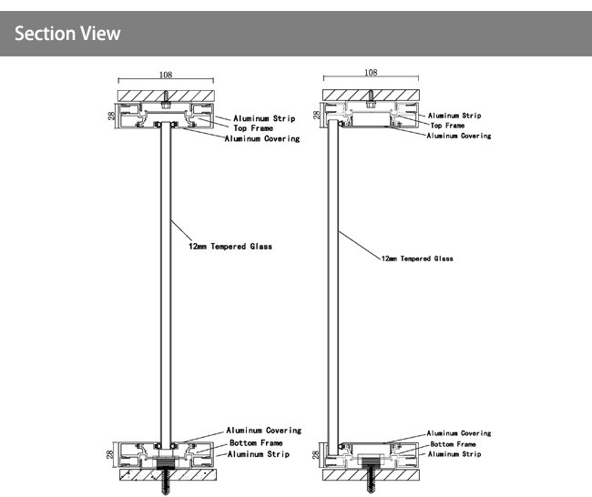 Panoramic Single-glass Partition Full Glass With Special High Quality Connect Glue 108mm Aluminum Frame Single Layer